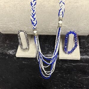 Blue and Silver Beaded Necklace and Bracelet Set